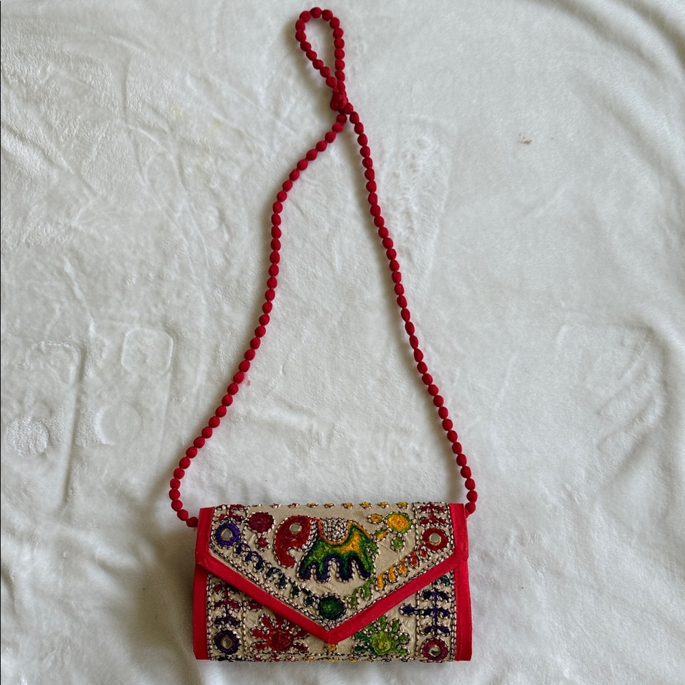 Embroidered Red and Multicolor Women's Bag